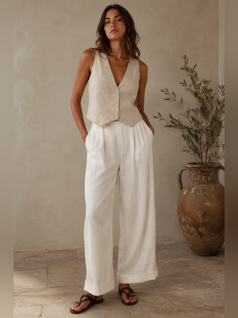 New! DISSH Linen Tailored Vest Butter Cream Neutral Minimalist 🐚 size 2 - Picture 2 of 10